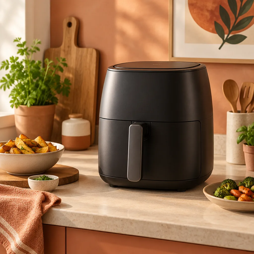 A countertop air fryer basket sitting open on a kitchen counter