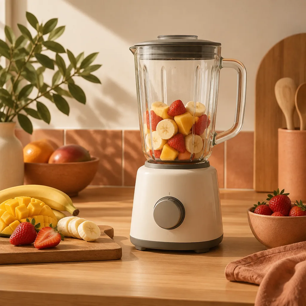A blender jug and lid on a kitchen worktop beside a glass