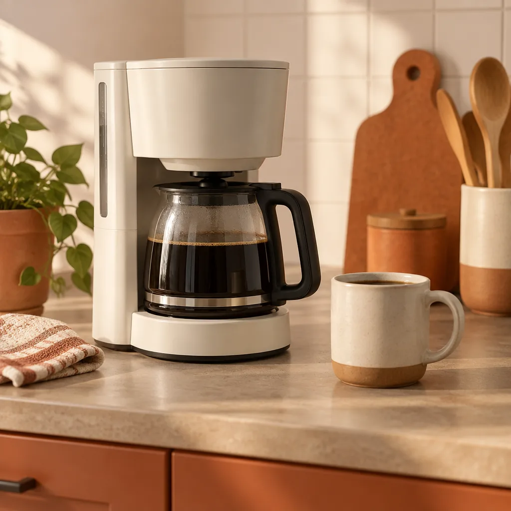 A drip coffee maker with a full carafe on a kitchen counter