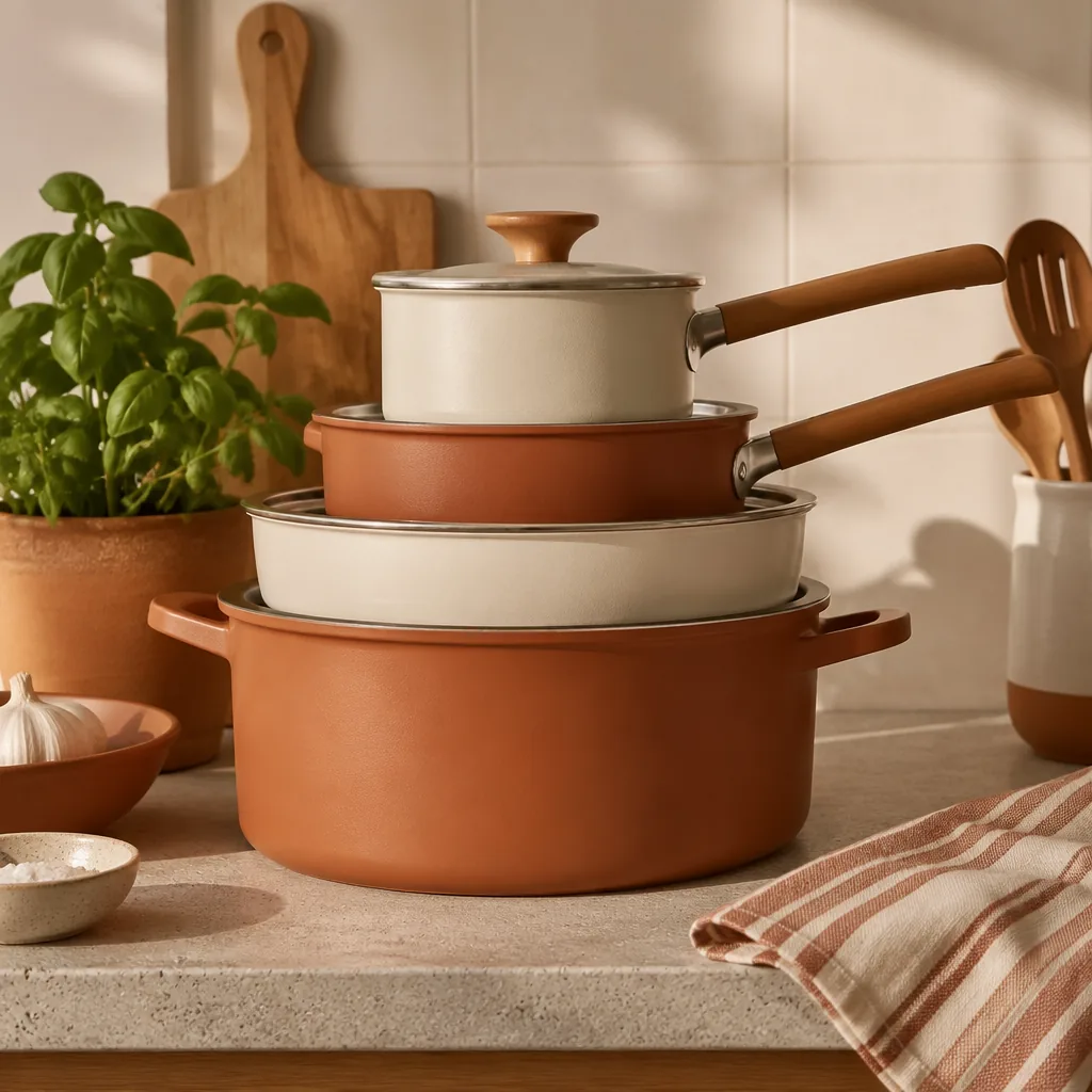 A stack of cooking pots and pans on a kitchen stove