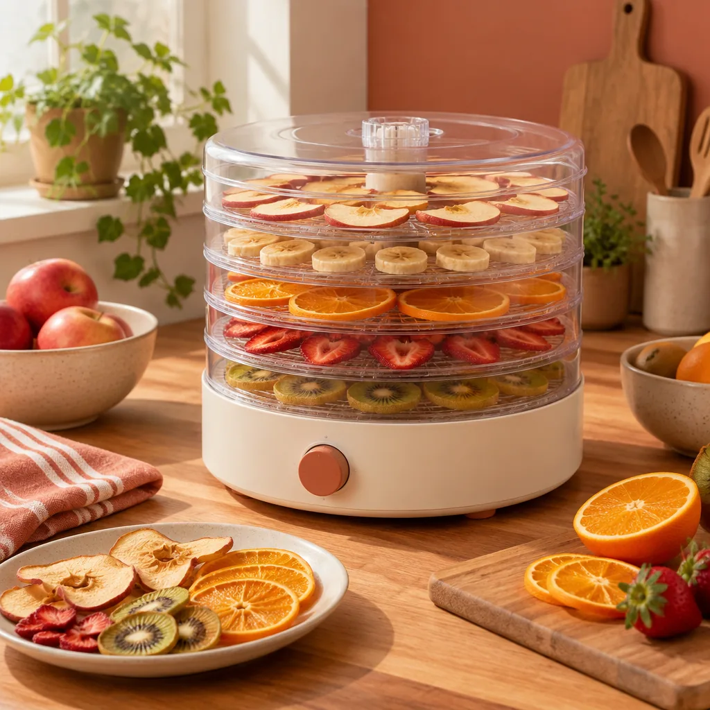 Trays of sliced food drying on a kitchen countertop appliance