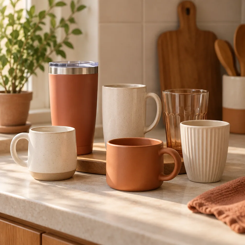 A row of mugs and tumblers on an open kitchen shelf