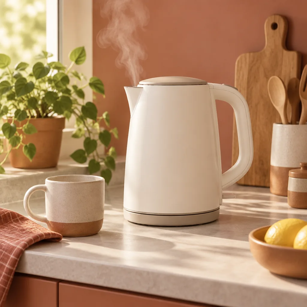 An electric kettle steaming on a kitchen counter