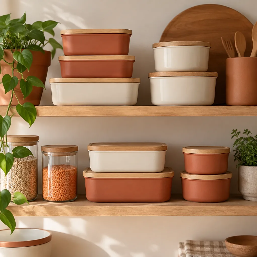 Clear food storage containers stacked on a kitchen shelf