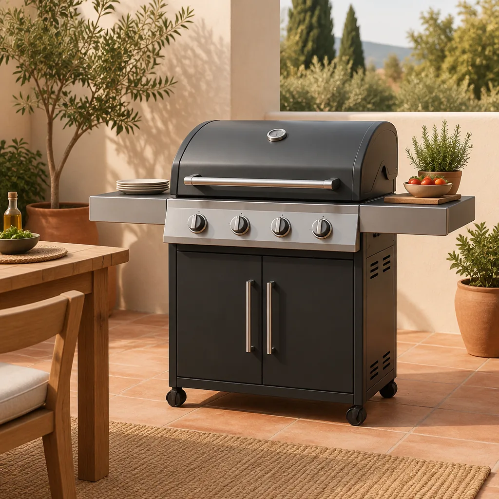 A gas grill with its lid open in a back garden