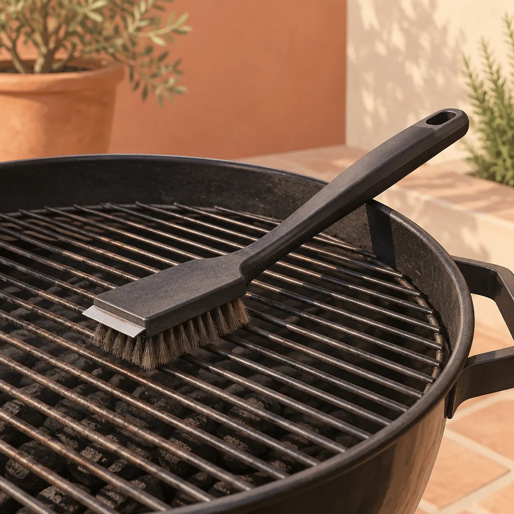 A wire grill brush resting on the side shelf of a barbecue