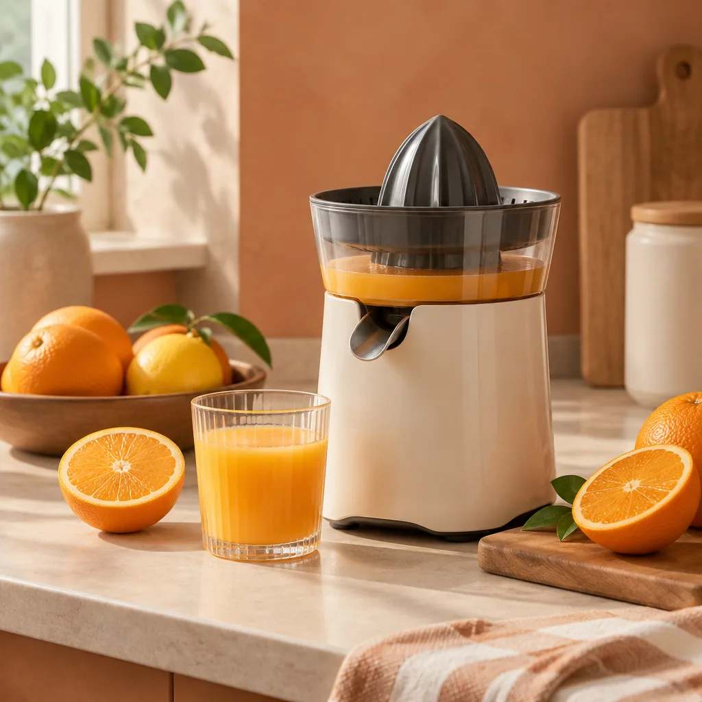 A countertop juicer beside a bowl of cut fruit