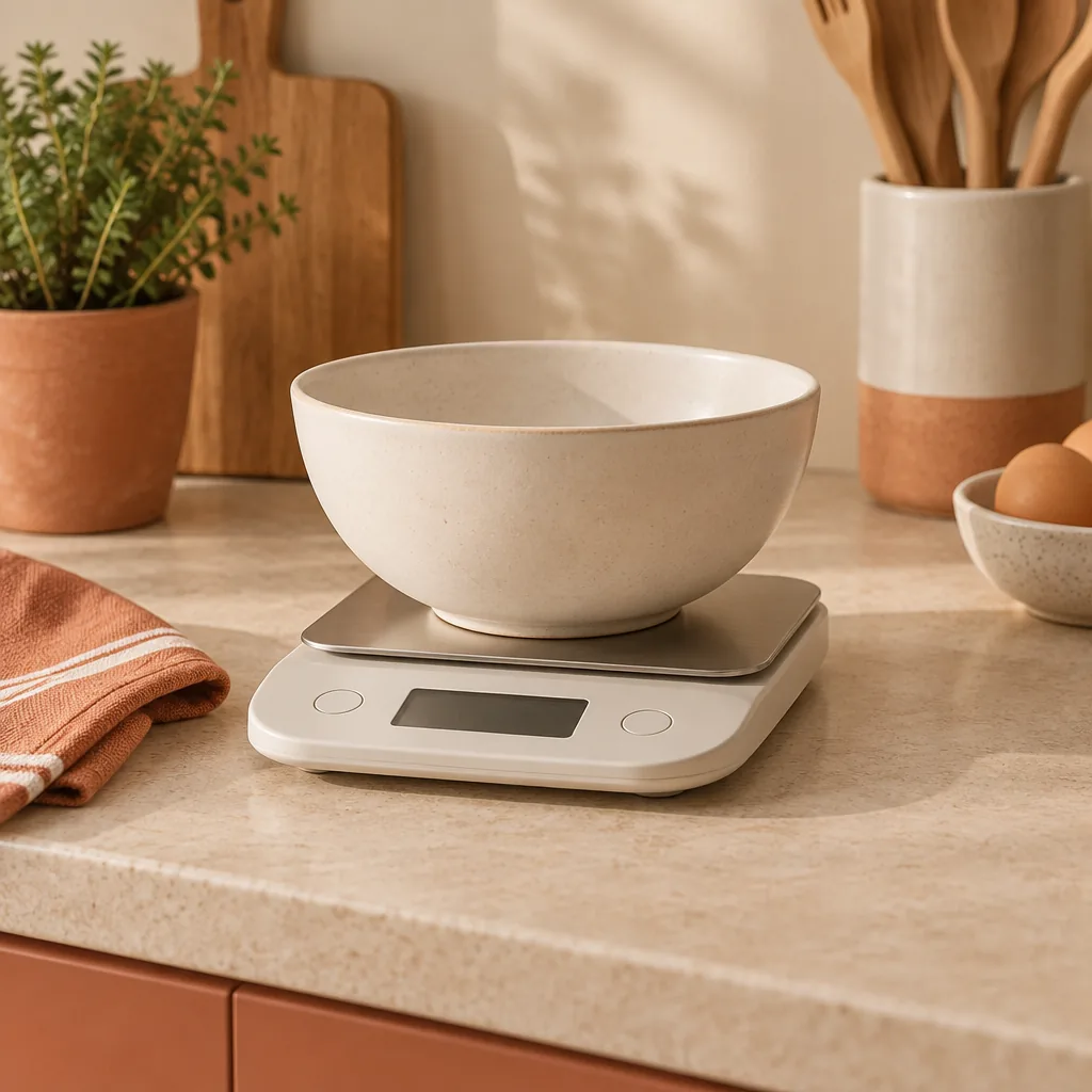 A digital kitchen scale with a bowl on a worktop