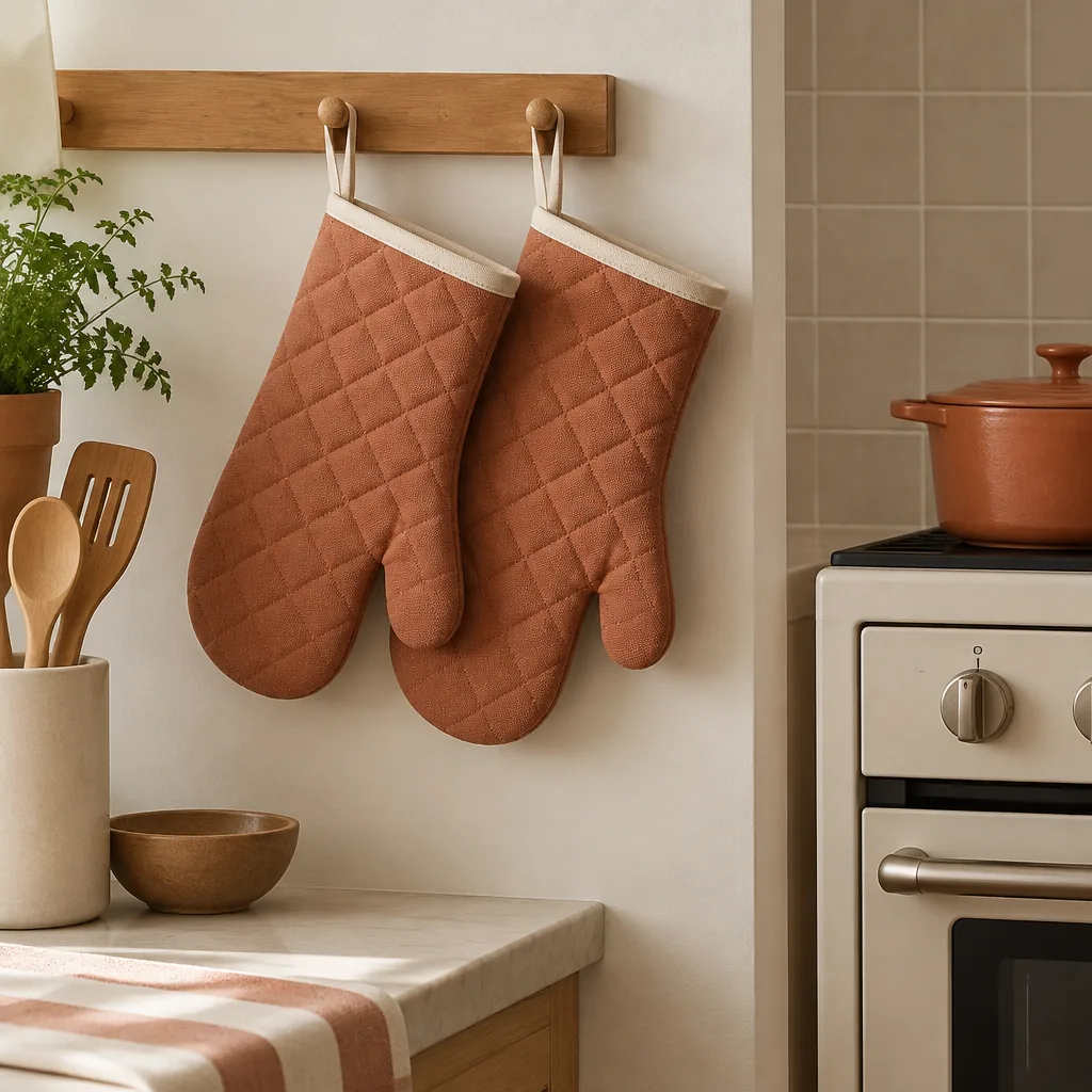A pair of thick oven gloves hanging beside a kitchen oven