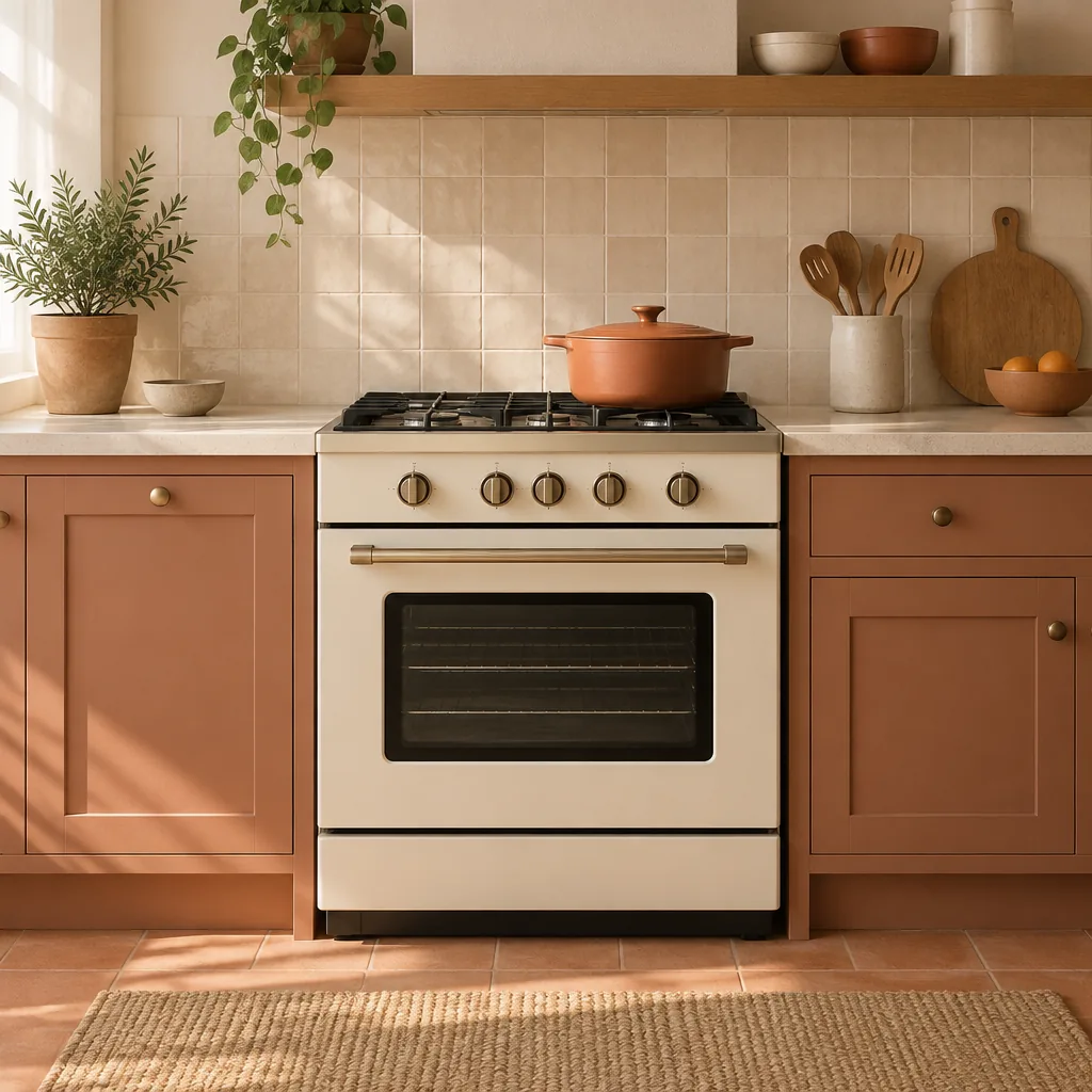 A freestanding kitchen range with its oven door closed