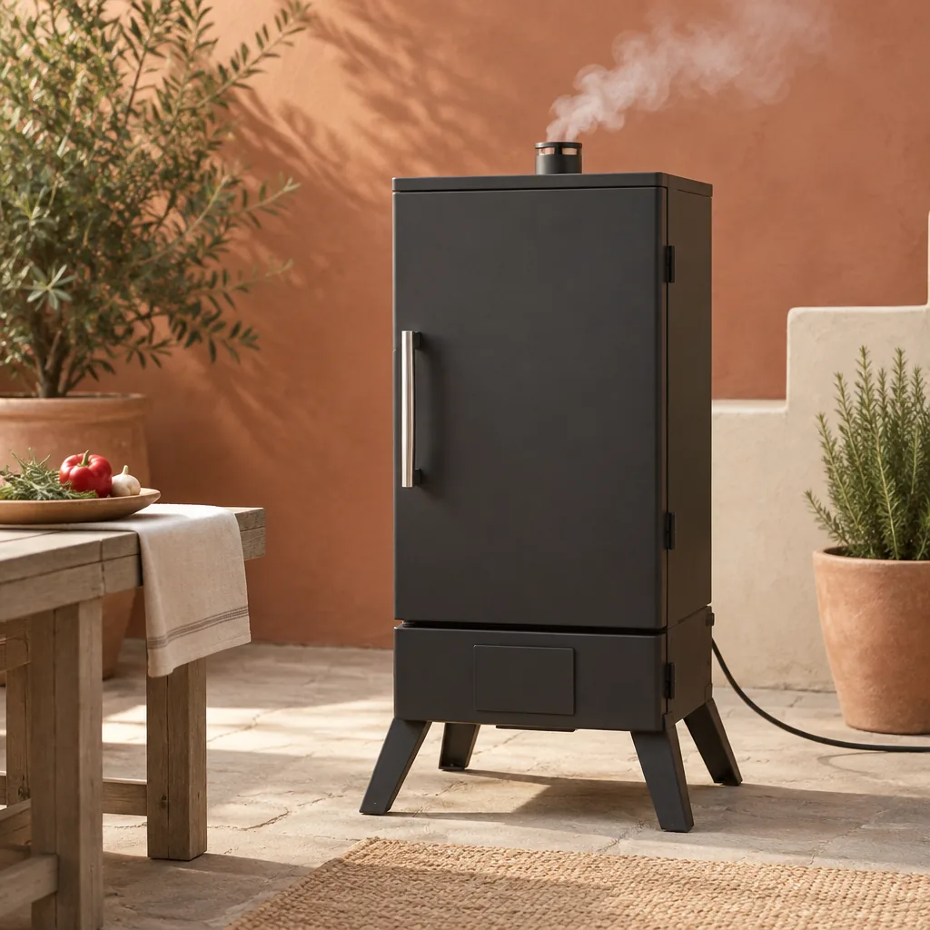 An outdoor smoker with smoke rising from the open lid
