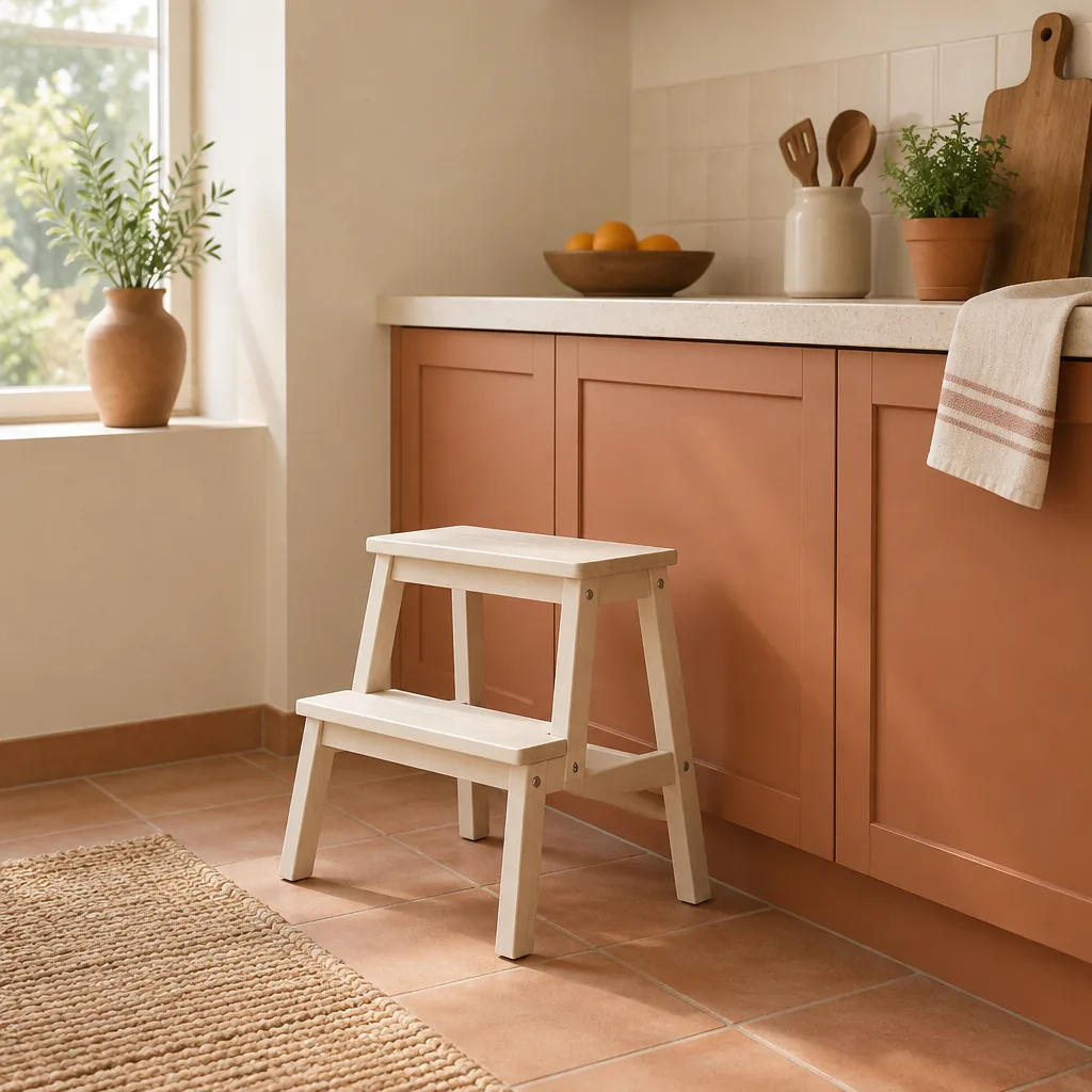 A small wooden kitchen step stool by a counter