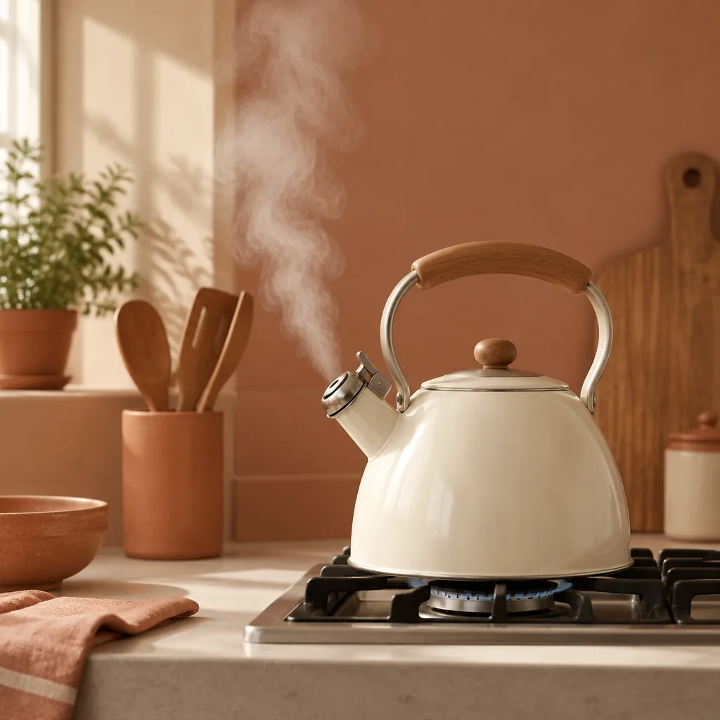 A stovetop tea kettle on a lit kitchen hob