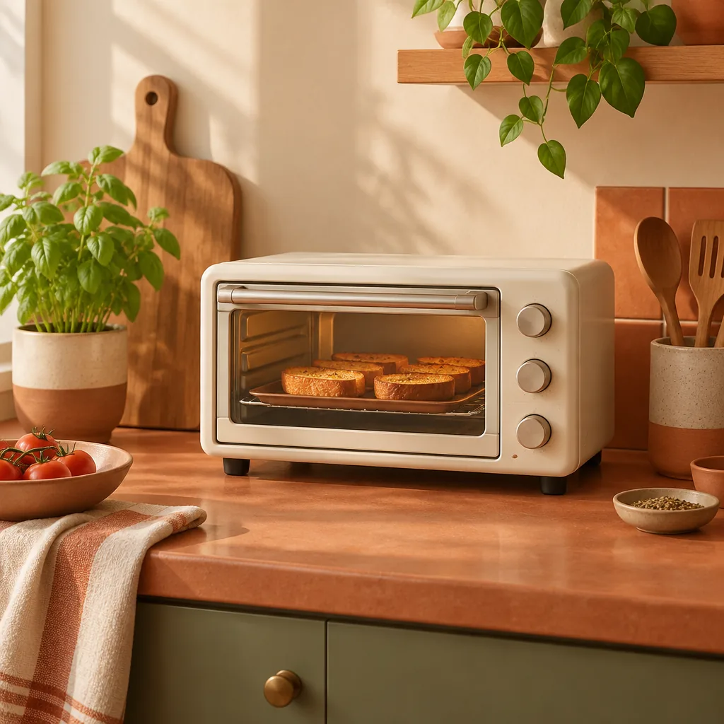 A countertop toaster oven on a kitchen worktop