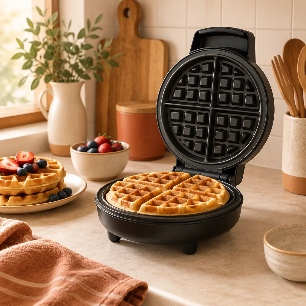 A waffle maker open on a kitchen counter with a plate of waffles