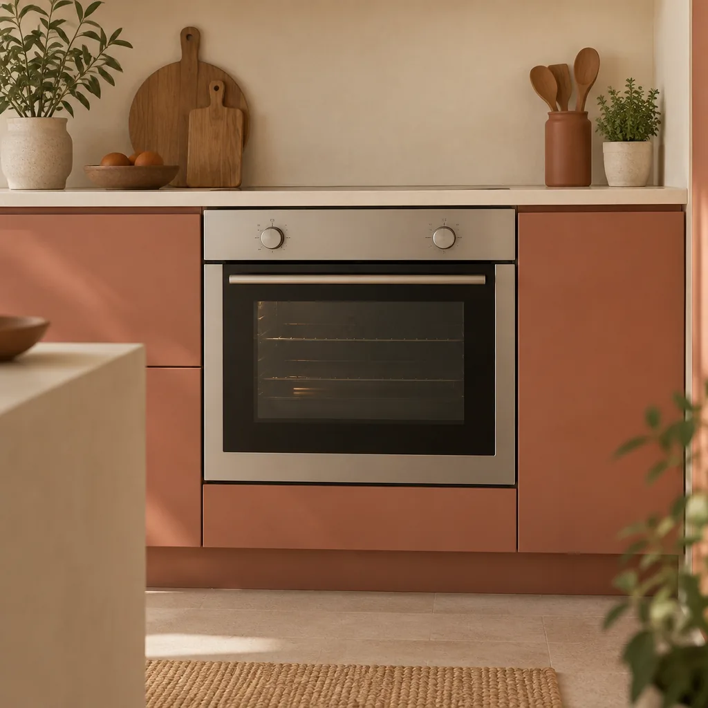 A built-in wall oven set into a kitchen cabinet column